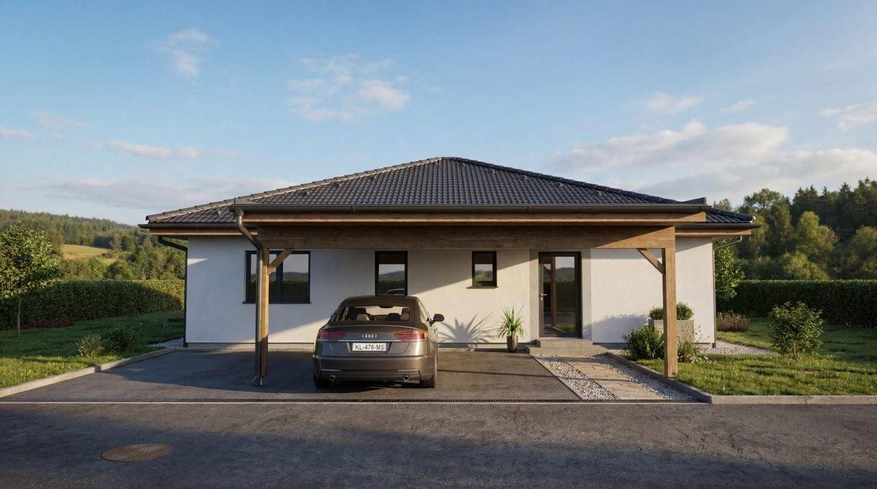 Vorderansicht eines modernen Einfamilienhauses mit Carport und gepflegter Auffahrt.