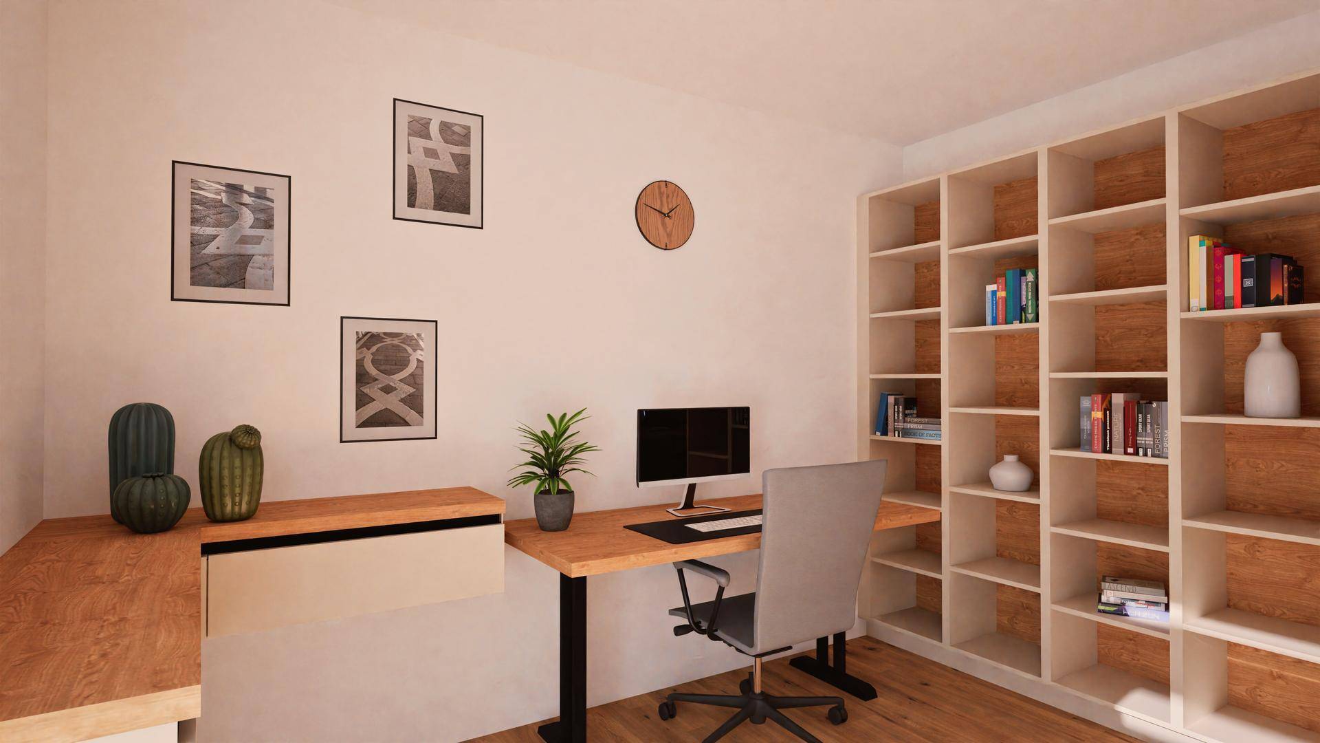 Helles Arbeitszimmer mit großem Bücherregal, Schreibtisch und Holzfußboden.