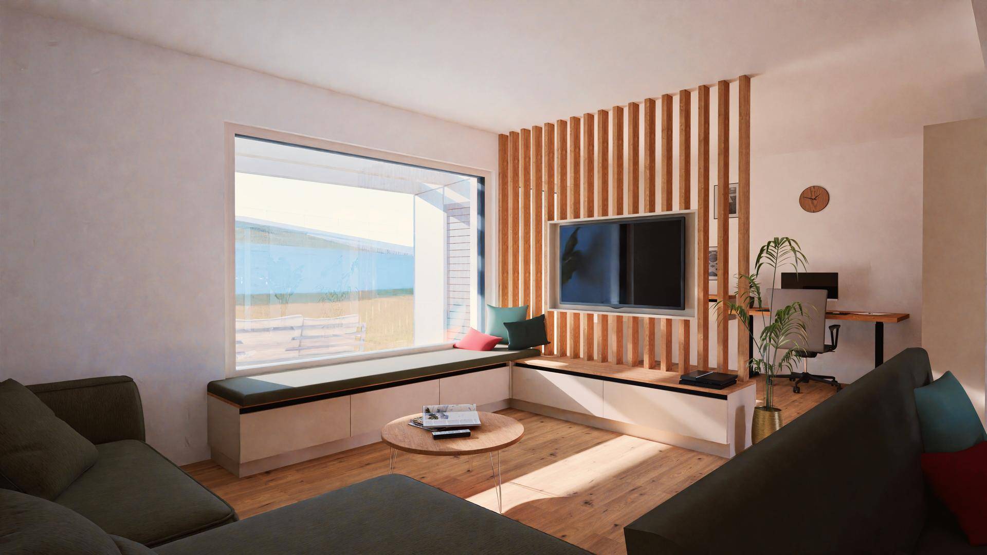 Gemütliches Wohnzimmer mit großem Fenster, Sitzbank und Holzelementen.