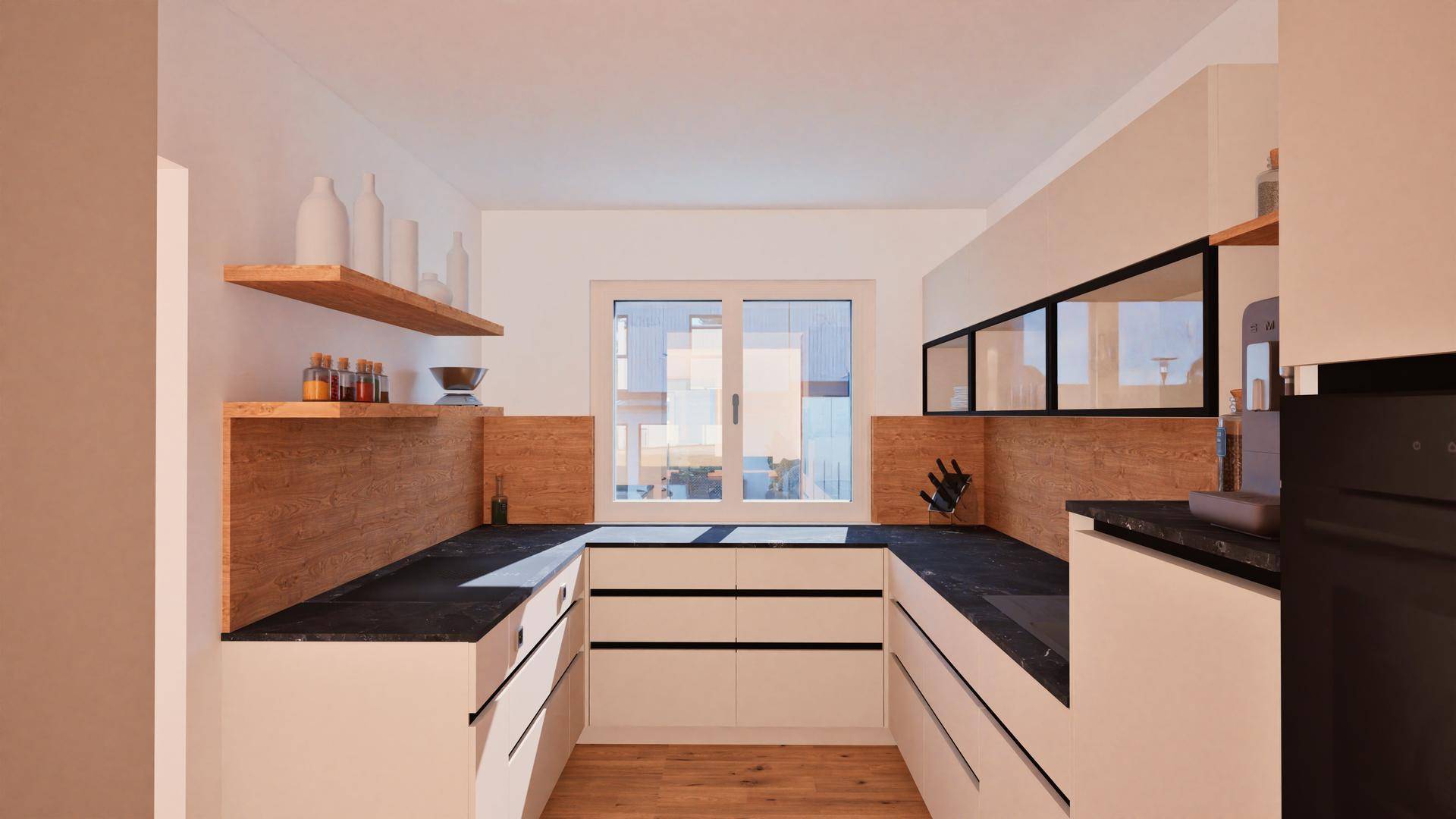 Moderne Küche mit weißen Schränken, dunklen Arbeitsplatten und Holzdetails.