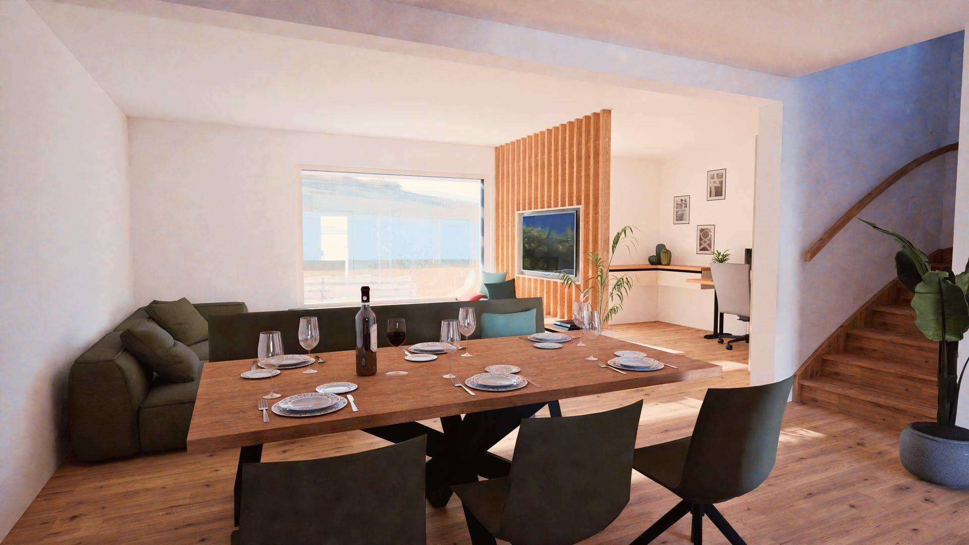 Geräumiger Wohn-Essbereich mit großem Esstisch, Sofa und Holztreppe.