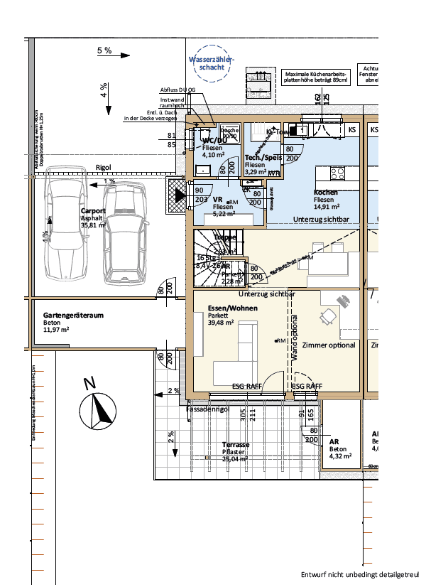 Grundriss des Erdgeschosses mit offenem Wohn-Essbereich, Küche, Carport und Terrasse.