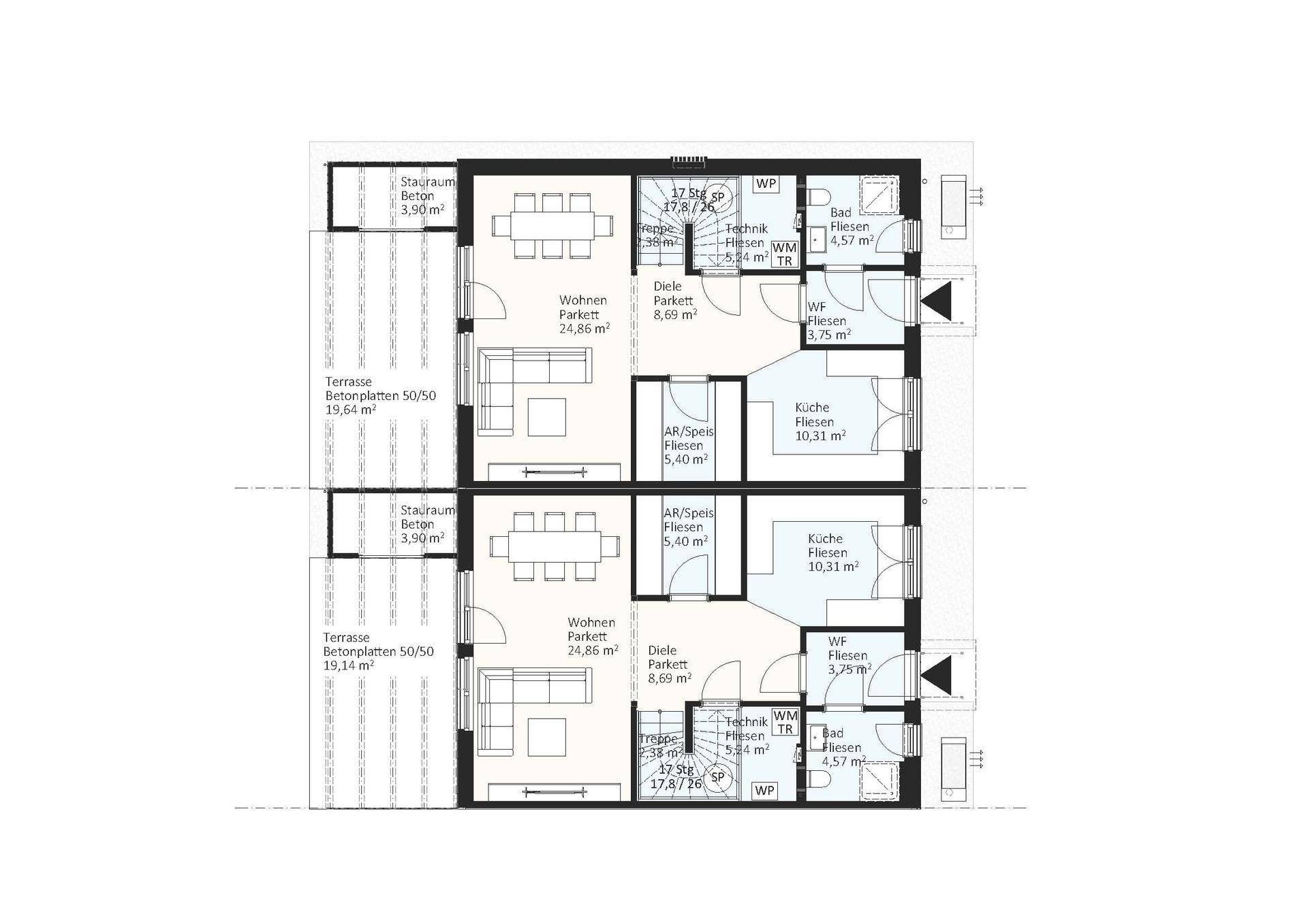 Grundriss des Erdgeschosses mit offenem Wohnbereich, Küche und Terrasse.