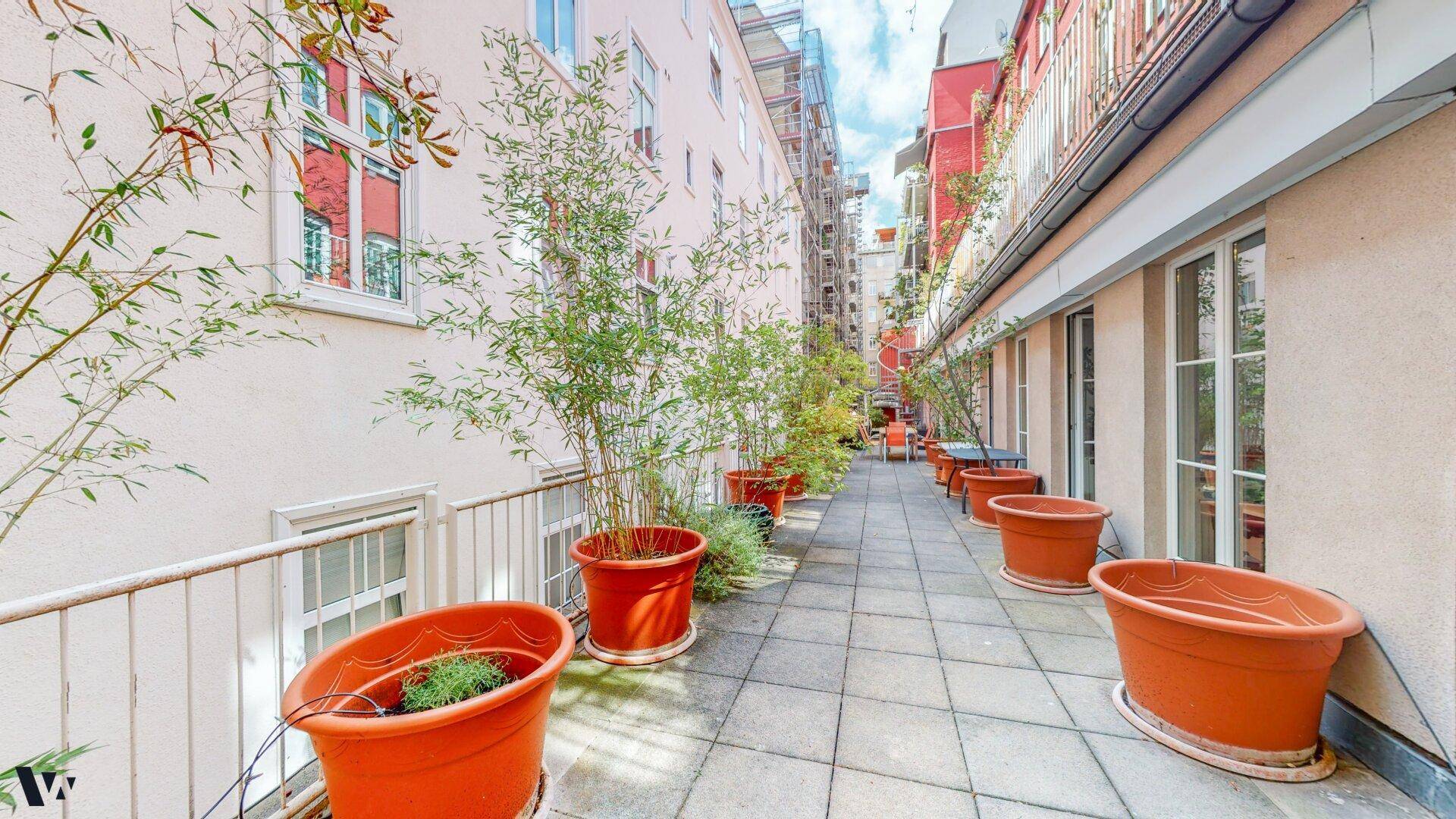 Lange gepflasterte Terrasse mit vielen Topfpflanzen und Blick auf die umliegenden Gebäude.