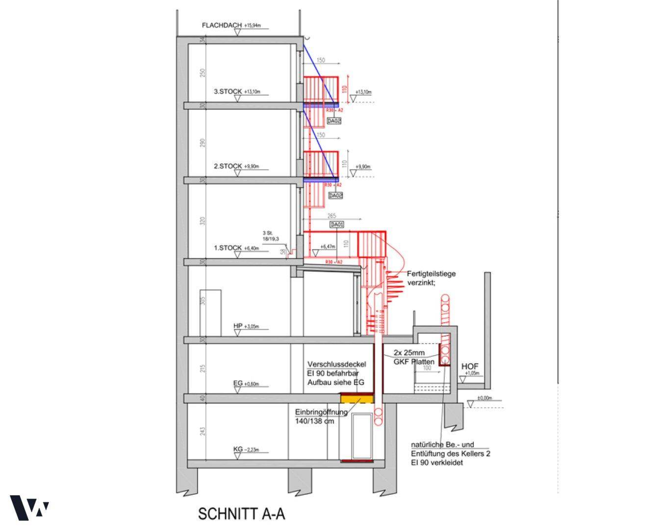 Schnittansicht des Gebäudes zeigt mehrere Stockwerke, ein Flachdach und ein Kellergeschoss mit Treppenhaus.