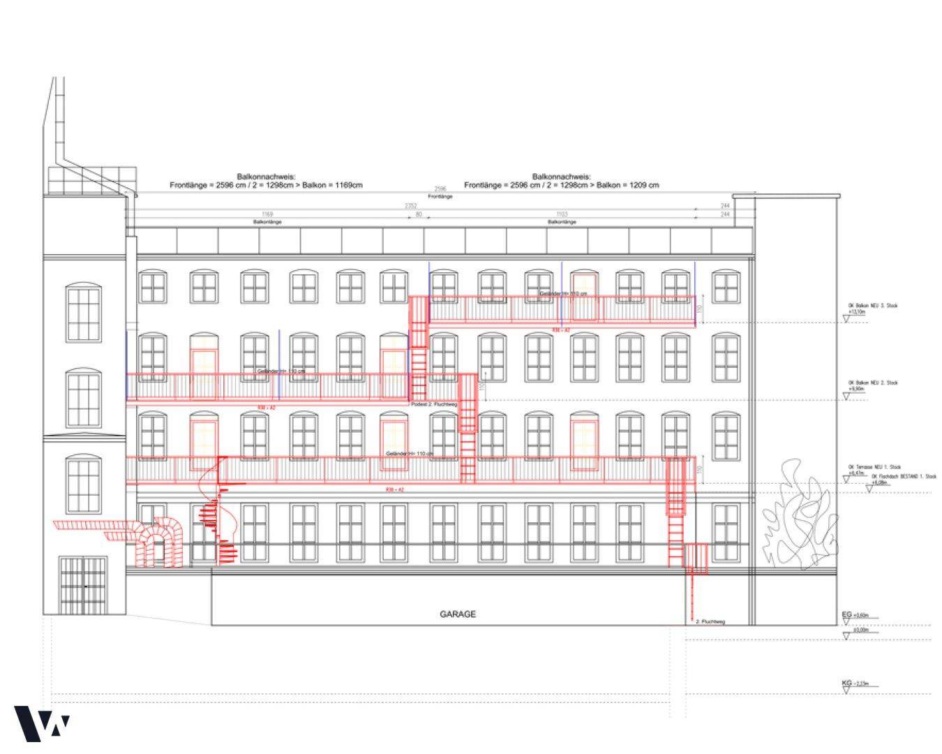 Architektonischer Plan einer Gebäudefassade mit Balkonen und Garagenzugang.