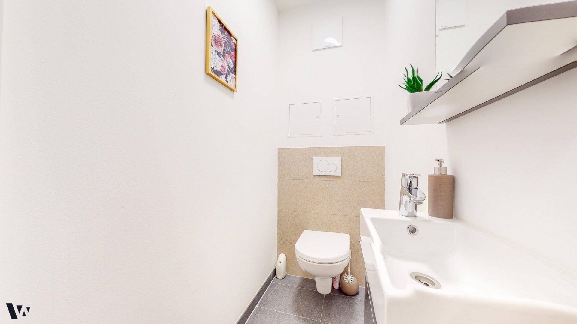 Separates Gäste-WC mit modernem Waschbecken und wandhängender Toilette.