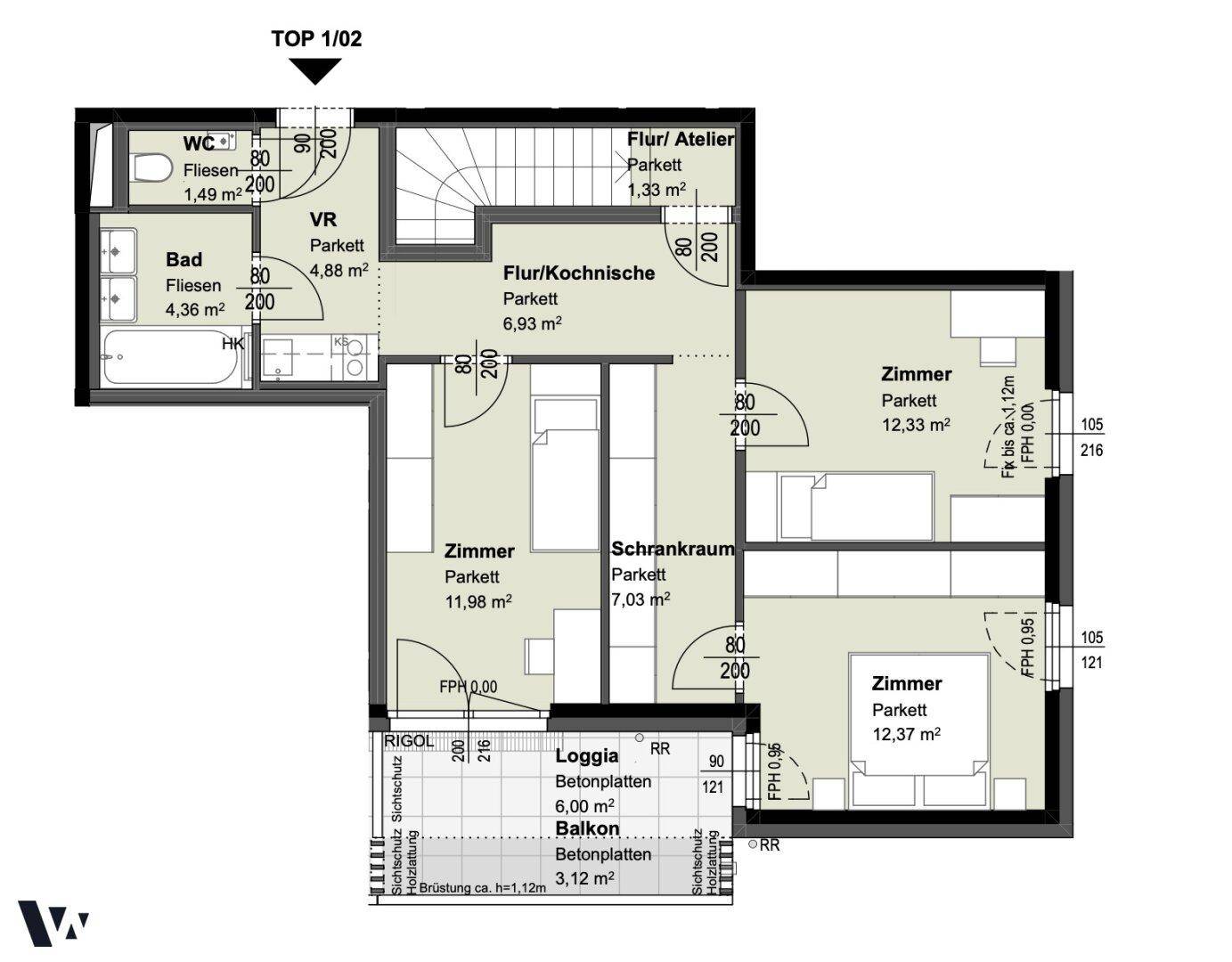 Detaillierter Grundriss mit Raumaufteilung, Flächenangaben und Balkon.