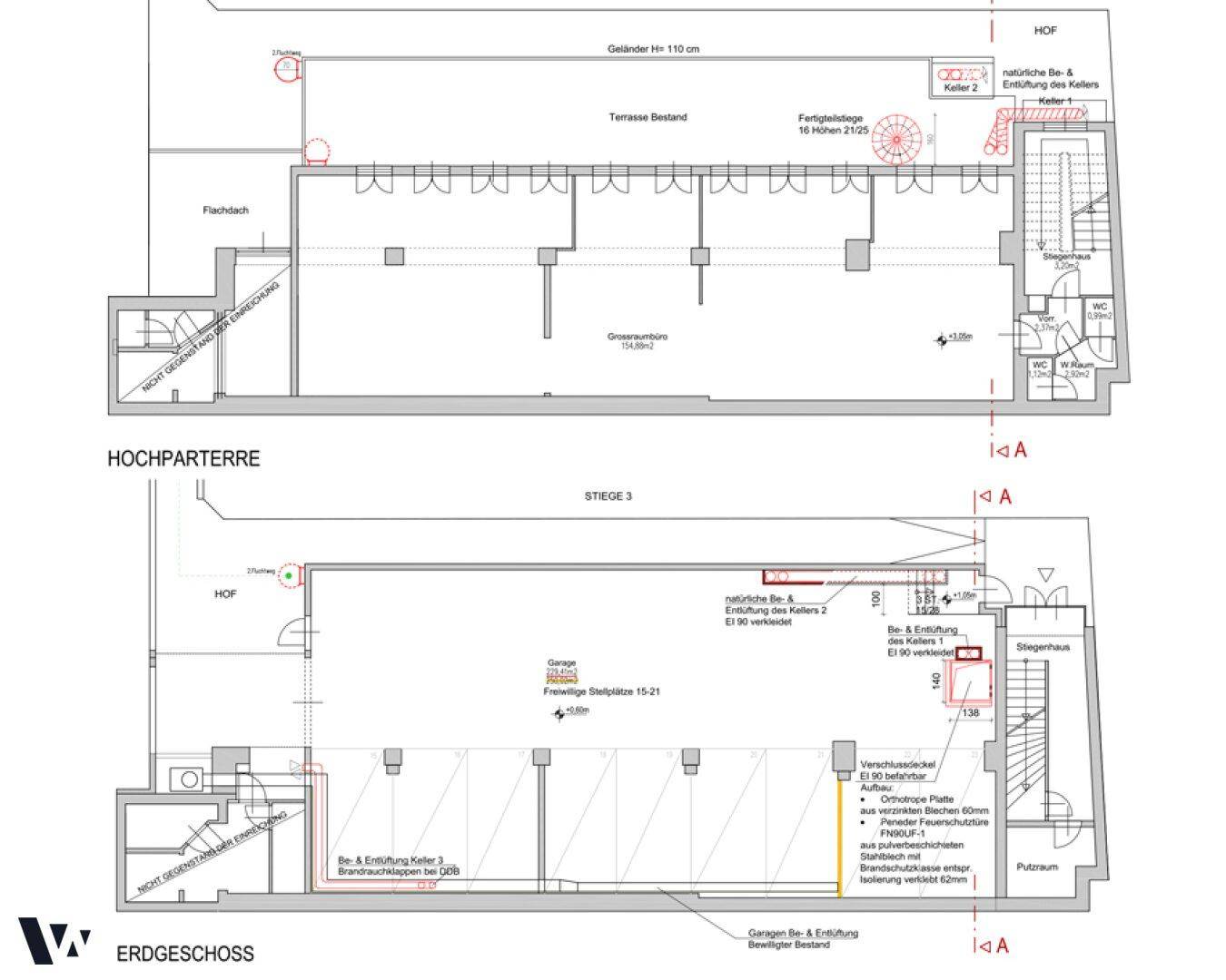 Grundriss des Erdgeschosses und Hochparterres mit Garagen, Kellerräumen und dem Treppenhaus.