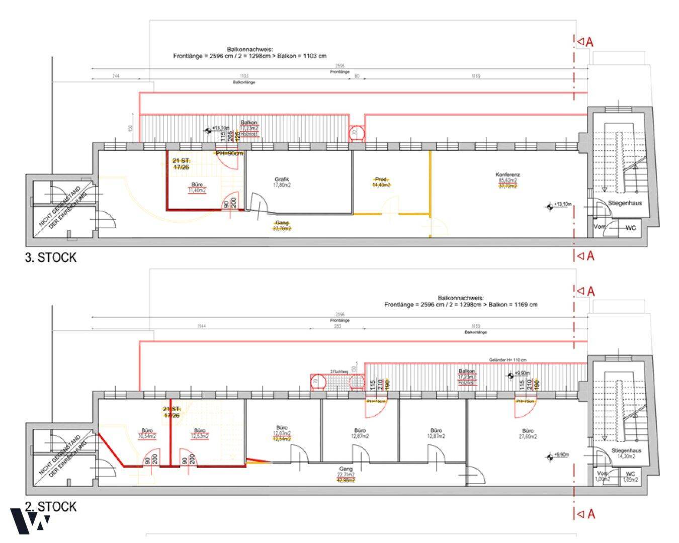 Grundrisspläne für das 2. und 3. Stockwerk mit Büroräumen, Konferenzbereich und Balkon.