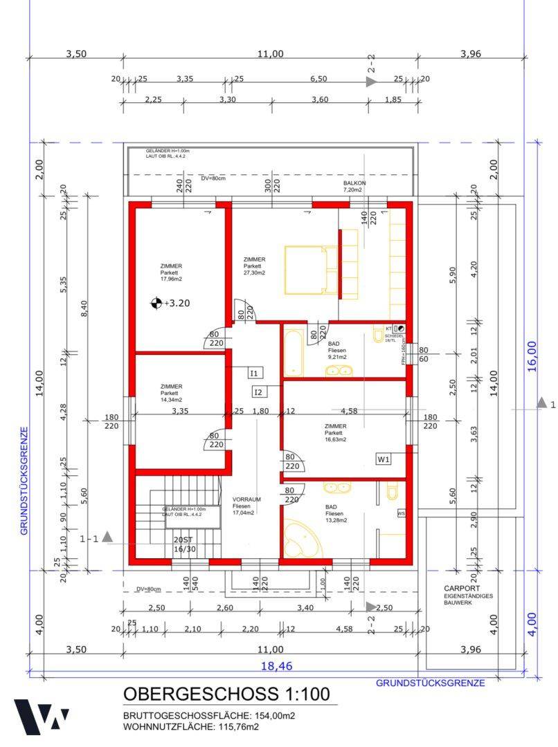 Grundriss des Obergeschosses mit mehreren Schlafzimmern und Bädern sowie Balkon.