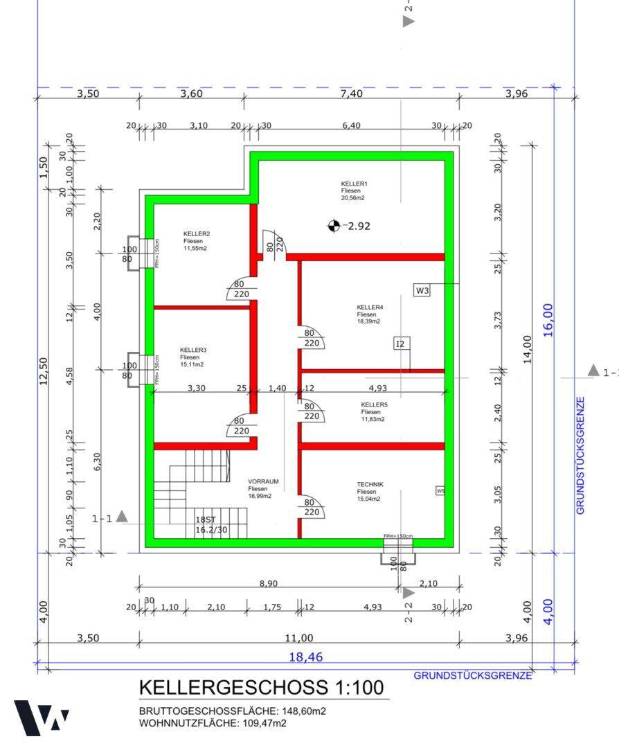 Grundriss des Kellergeschosses mit verschiedenen Kellerräumen und Technikbereich.