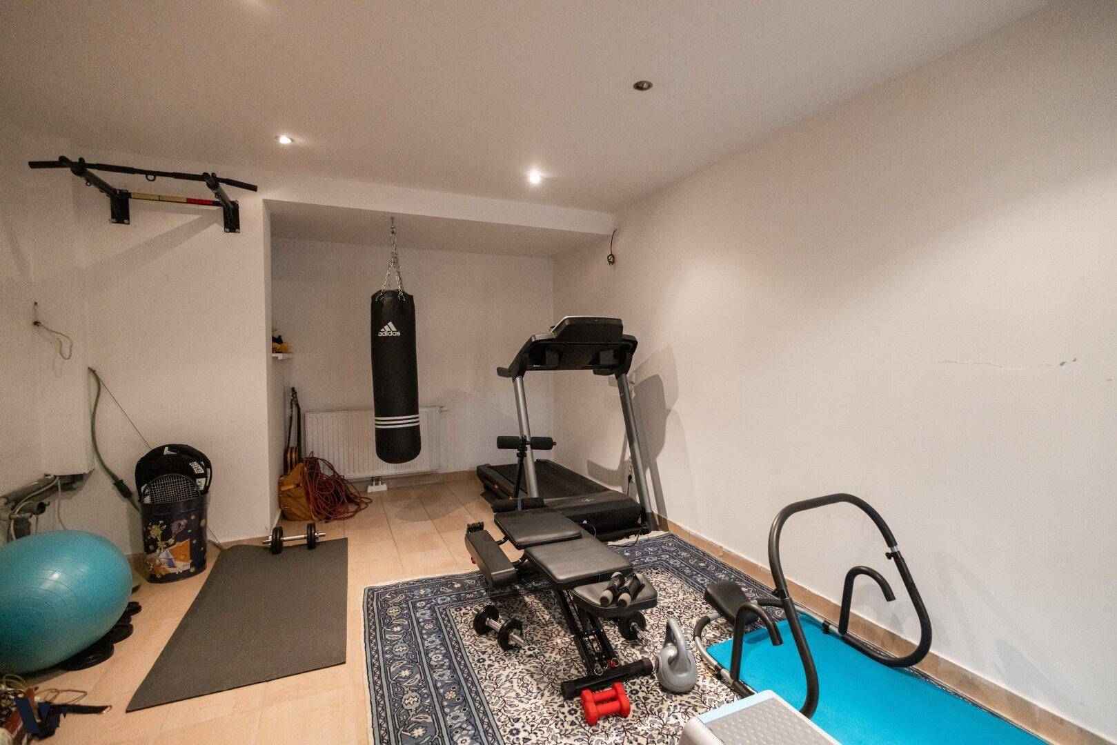 Fitnessraum im Untergeschoss mit Trainingsgeräten und Boxsack.