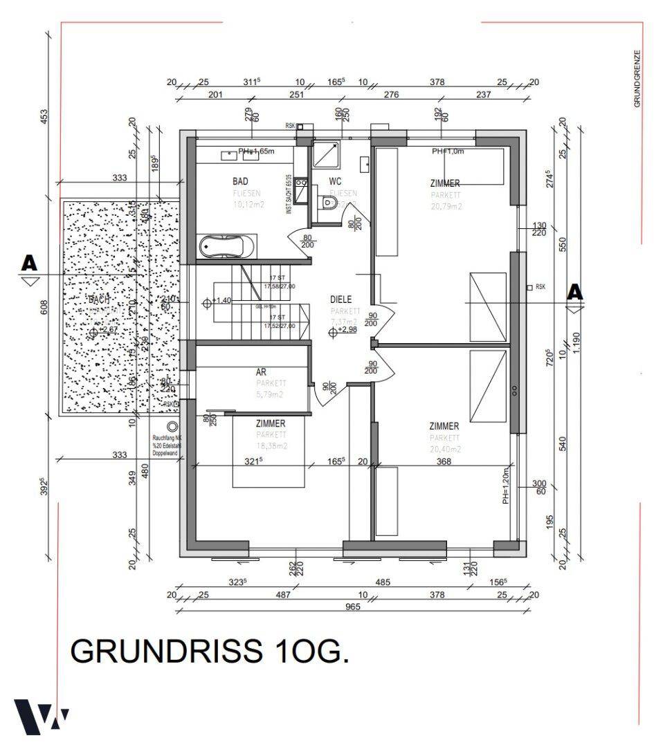 Grundriss des Obergeschosses mit drei Zimmern, Bad, separatem WC und Diele für die Familie.