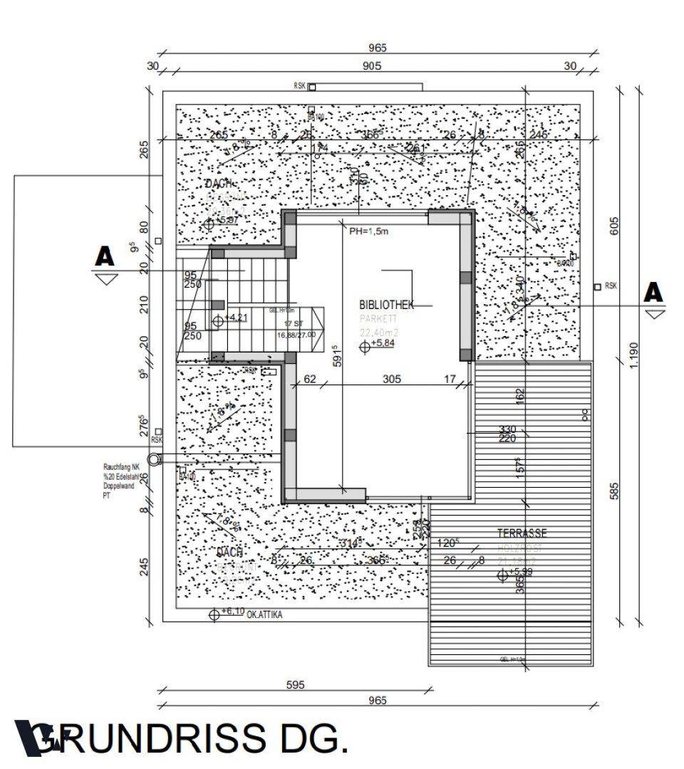 Grundriss des Dachgeschosses mit Bibliothek und großer Dachterrasse, bietet viel Freiraum.