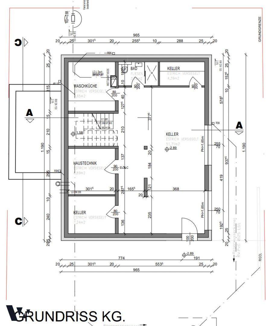 Grundriss des Kellergeschosses mit Waschküche, Technikraum und weiteren Kellerräumen für Stauraum.
