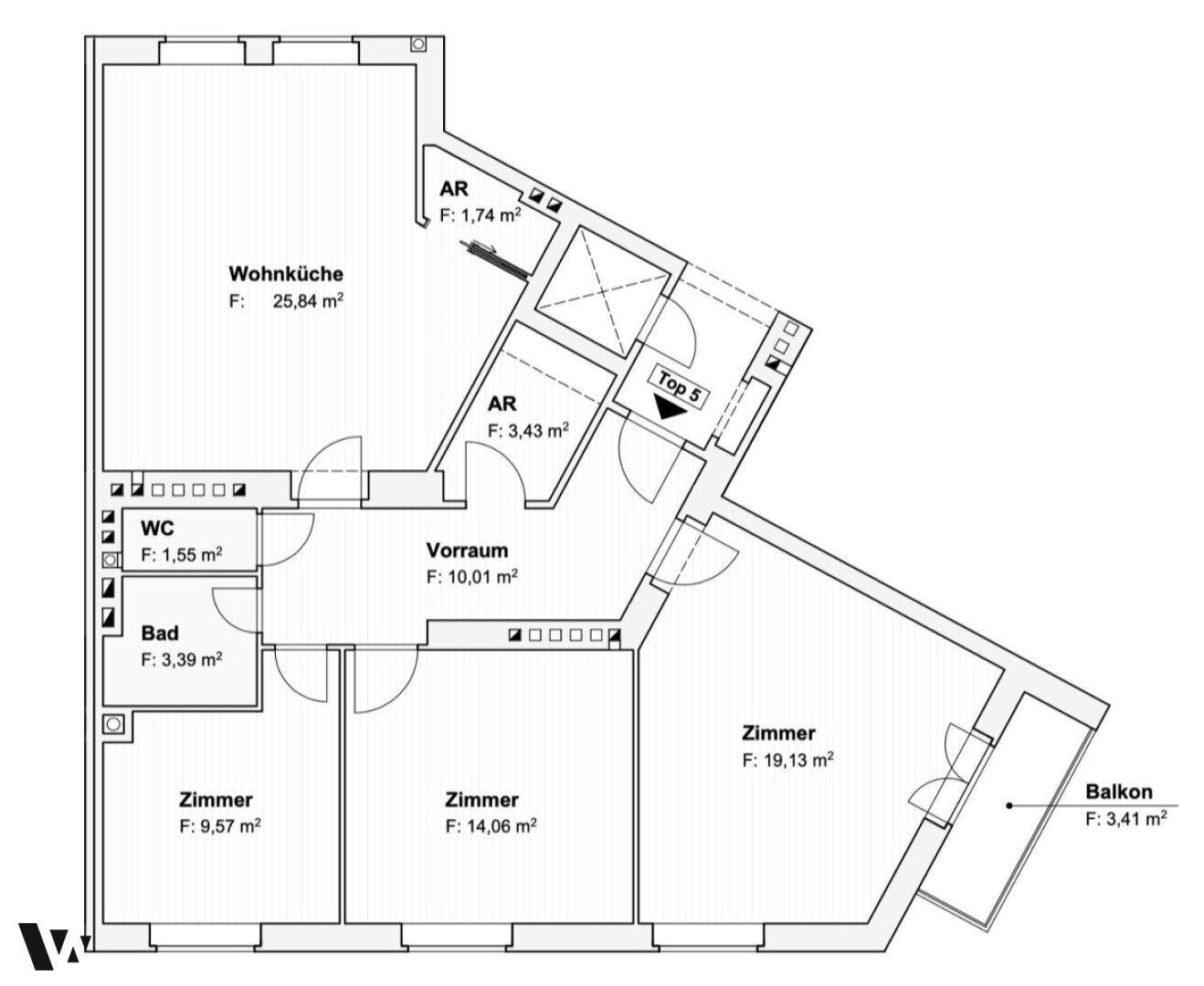 Grundriss der Wohnung mit Wohnküche, drei Zimmern, Bad, WC und Balkon.