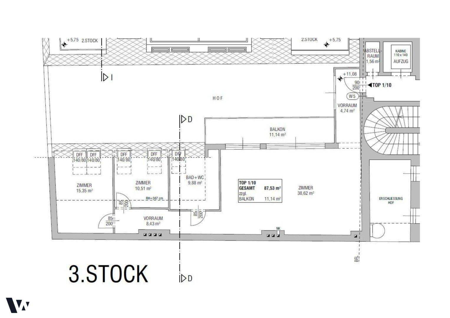 Grundriss des 3. Stocks mit Zimmern, Bad, Balkon und Abstellraum.