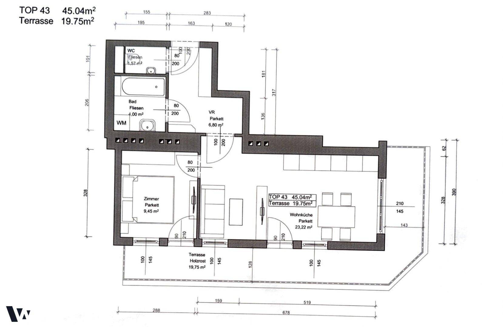 Grundriss der Wohnung Top 43 mit 45.04m² Wohnfläche und 19.75m² Terrasse.