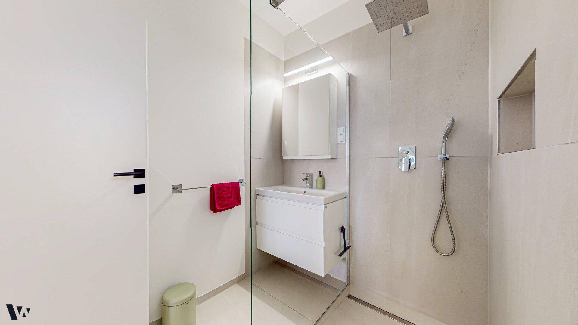 Modernes Badezimmer mit begehbarer Dusche, Einzelwaschbecken und minimalistischem Design.