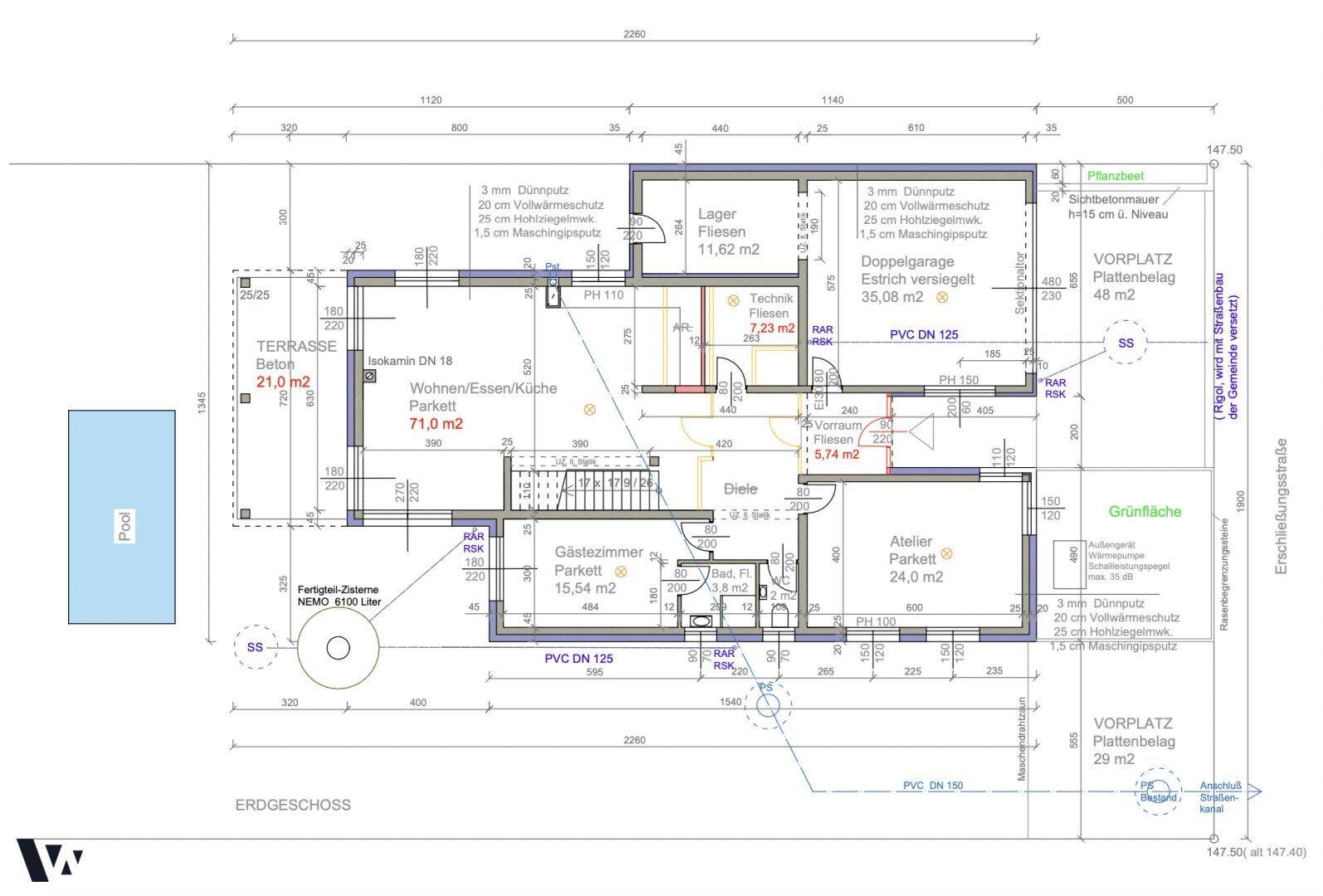 Grundriss des Erdgeschosses mit Wohn-/Ess-/Küchenbereich, Gästezimmer und Doppelgarage.
