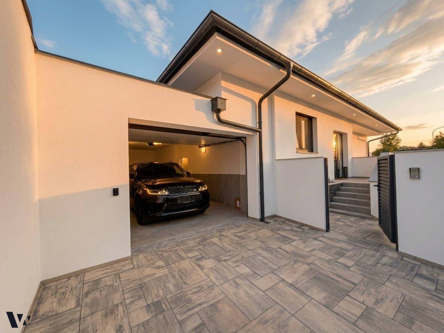 Außenansicht der Garage mit Einfahrt und Zugang zum Haus.