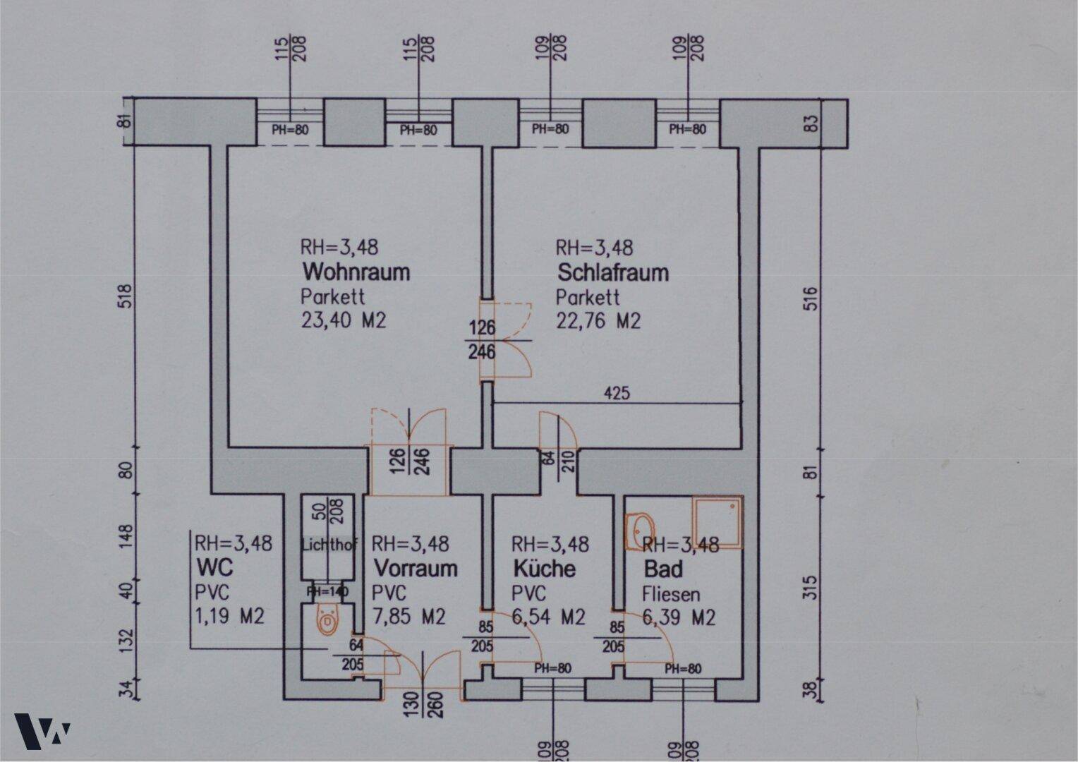Grundriss der Wohnung mit Wohnraum, Schlafzimmer, Küche, Bad und WC.