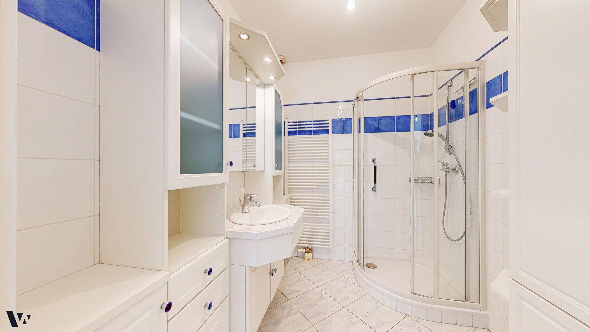 Funktionales Badezimmer mit weißen und blauen Fliesen, Duschkabine, Waschbecken und Spiegelschrank.