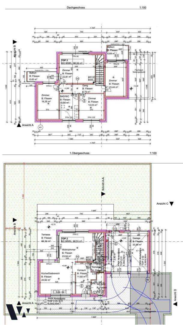 Grundrissplan einer Maisonette-Wohnung über zwei Etagen mit Balkon, Terrasse, offener Küche und Garage.