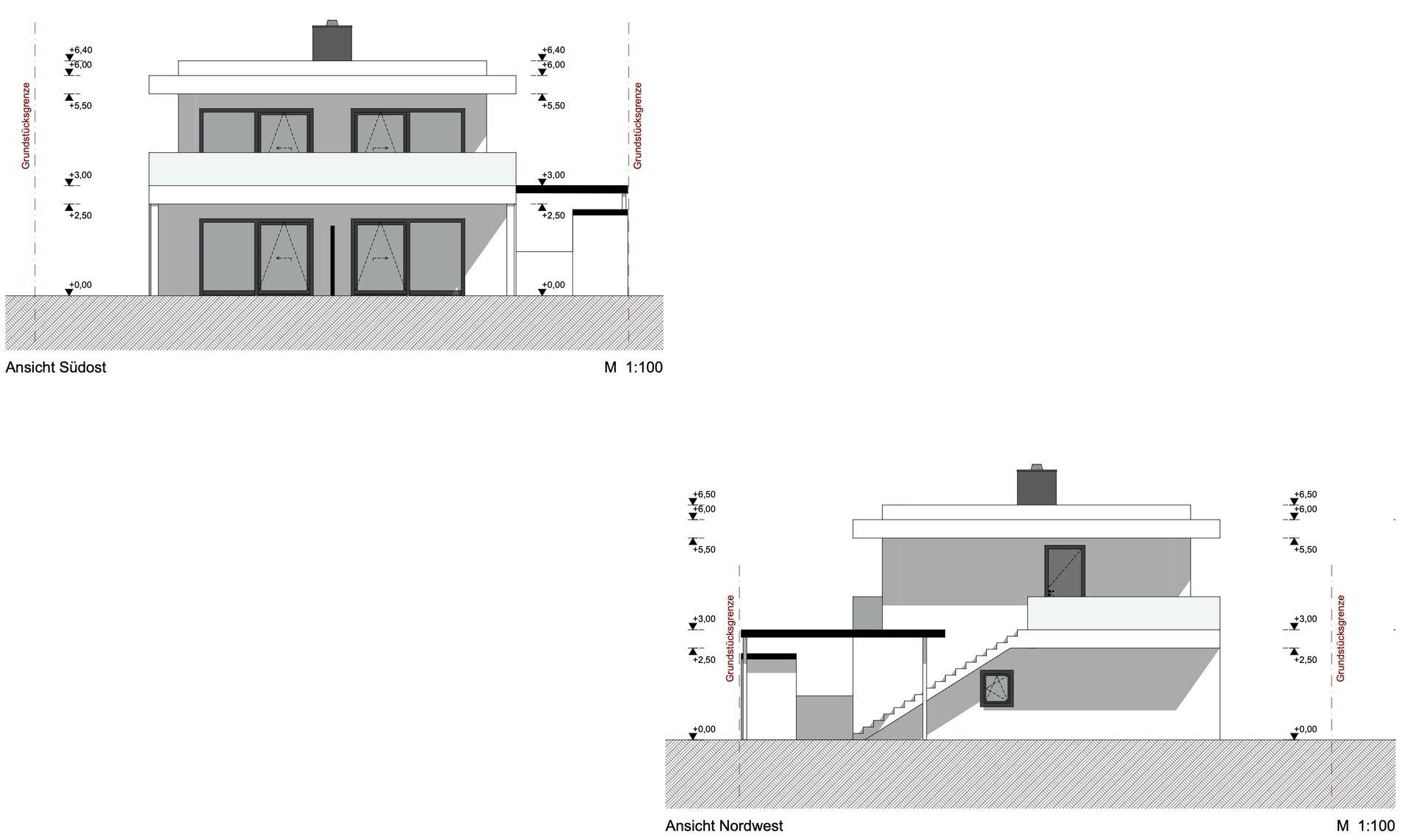 Weitere architektonische Ansichten des Gebäudes von Südost und Nordwest mit Balkon.