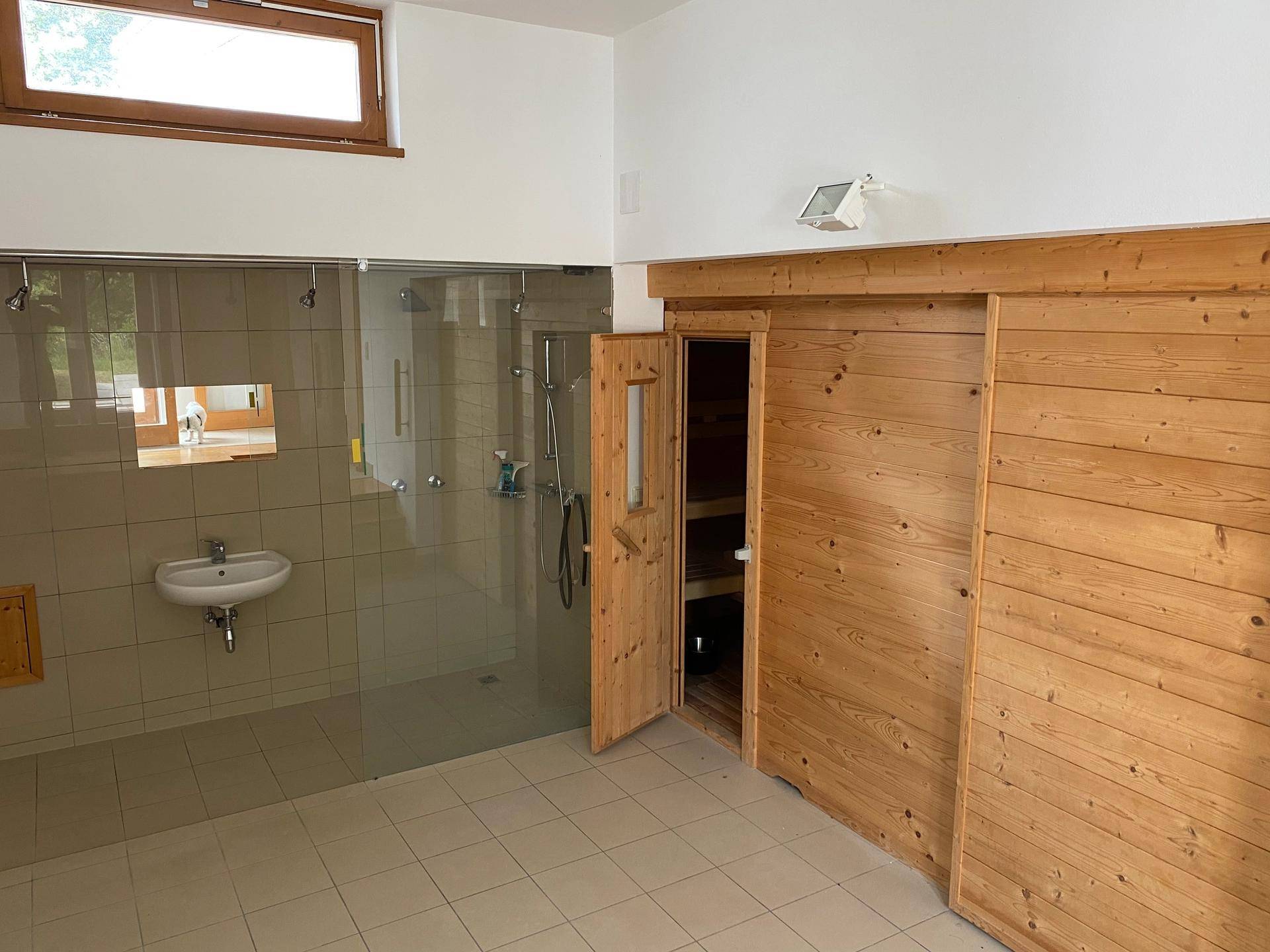 Geräumiges Badezimmer mit begehbarer Dusche, Waschbecken und einer integrierten Holzsauna.