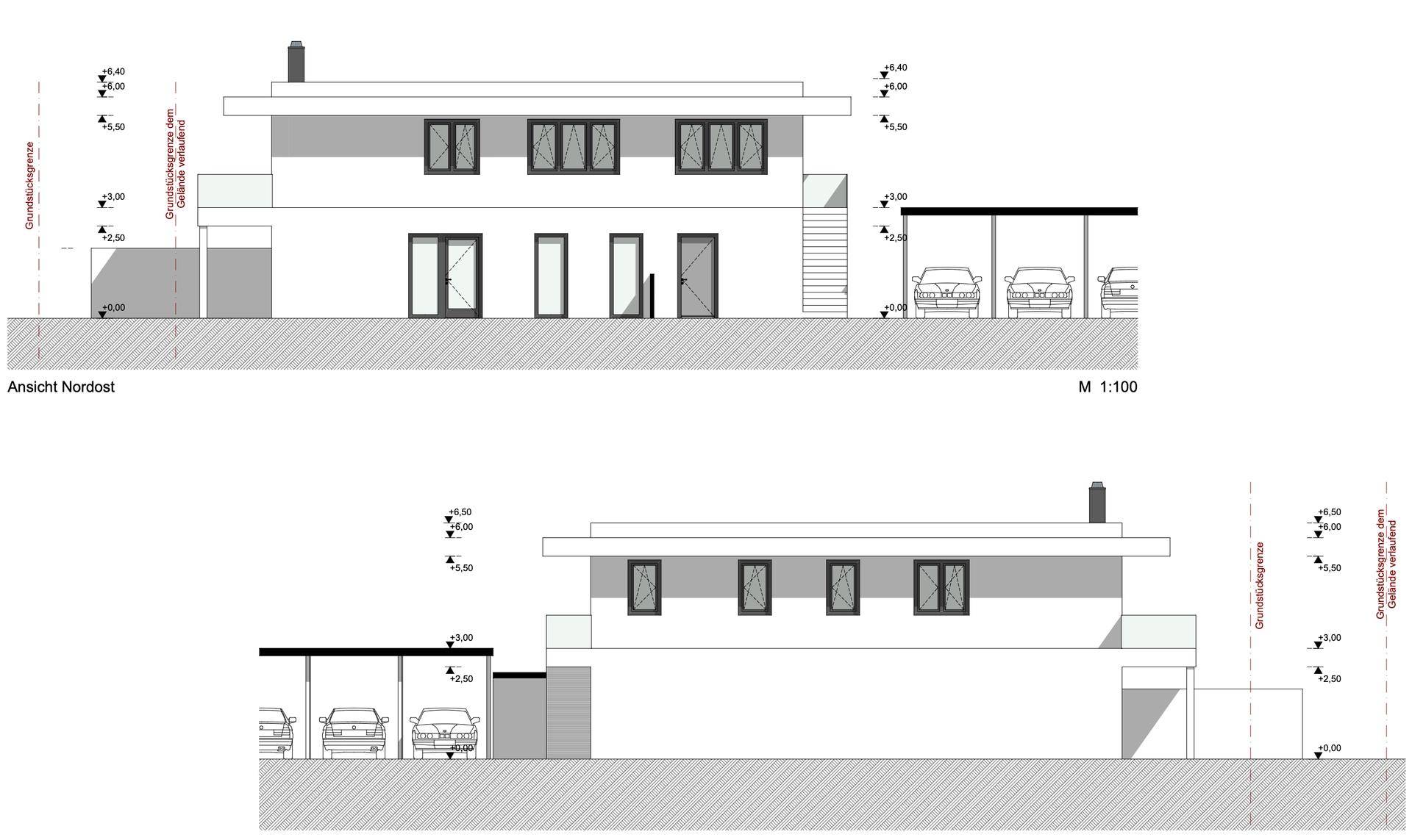 Architektonische Ansichten des Gebäudes von Nordost und Südwest mit Carport und Balkon.