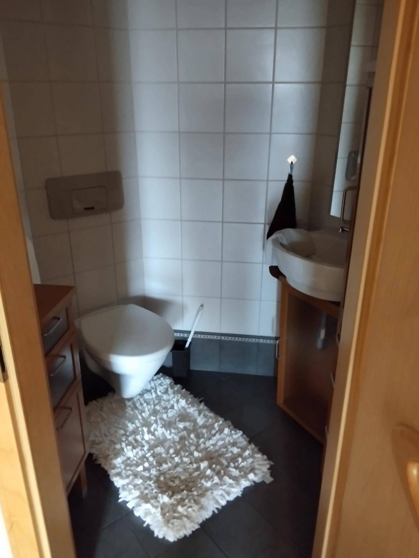 Kleines Gäste-WC mit Wand-WC, Waschbecken und dunklen Bodenfliesen.