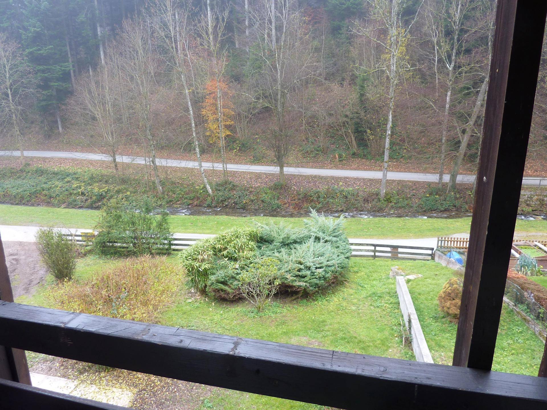 Blick vom Balkon auf den Garten, einen Bach und die bewaldete Umgebung.