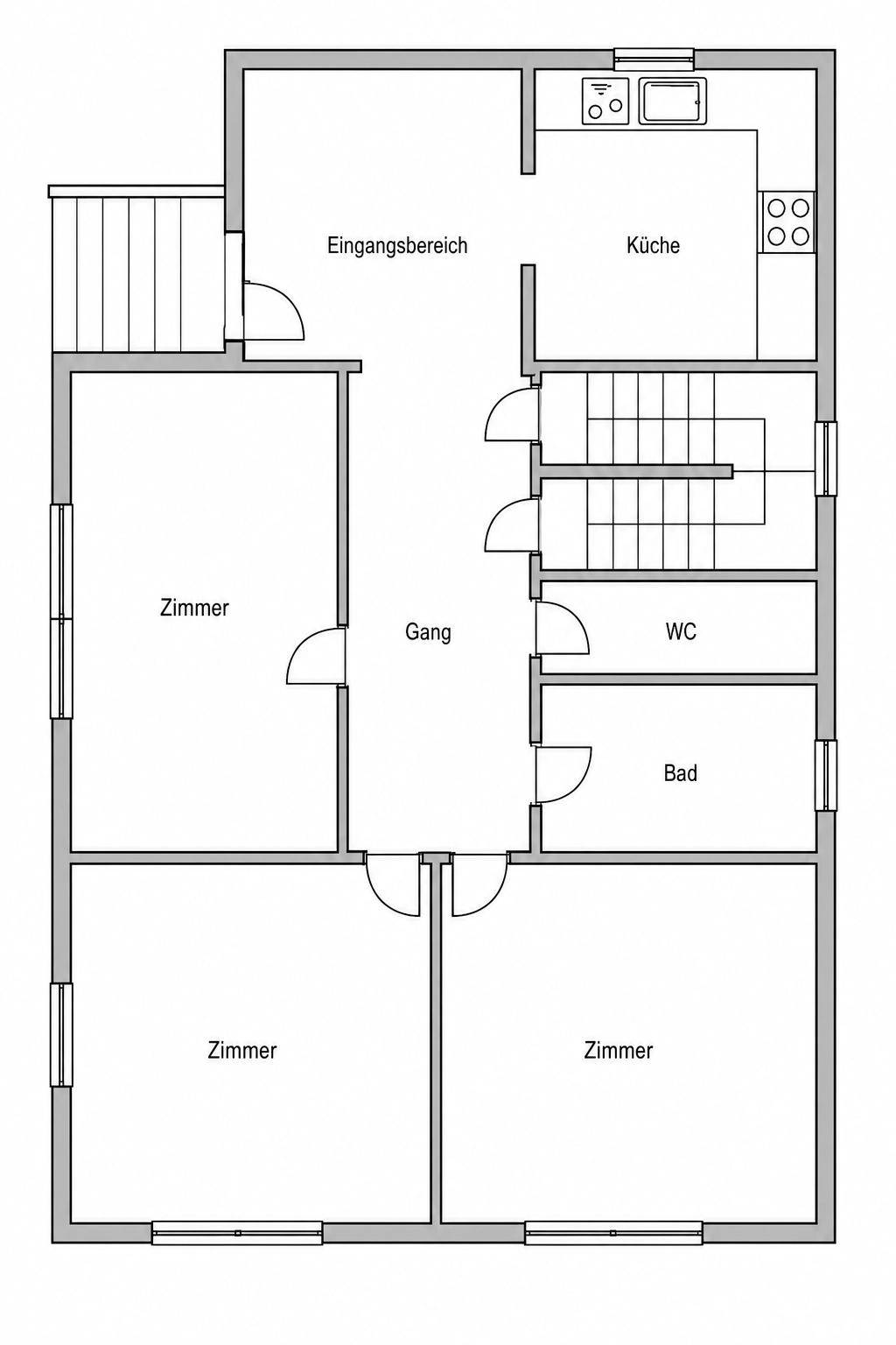 Grundriss des Erdgeschosses mit Eingangsbereich, Küche, Bad, WC und drei Zimmern.