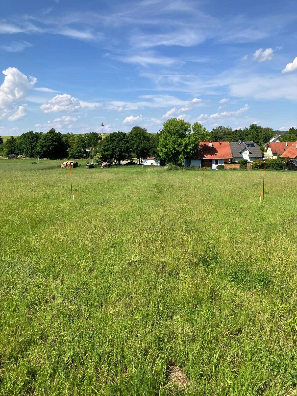 Grüne Wiese mit Grundstücksmarkierungen und Häusern am Horizont unter blauem Himmel.