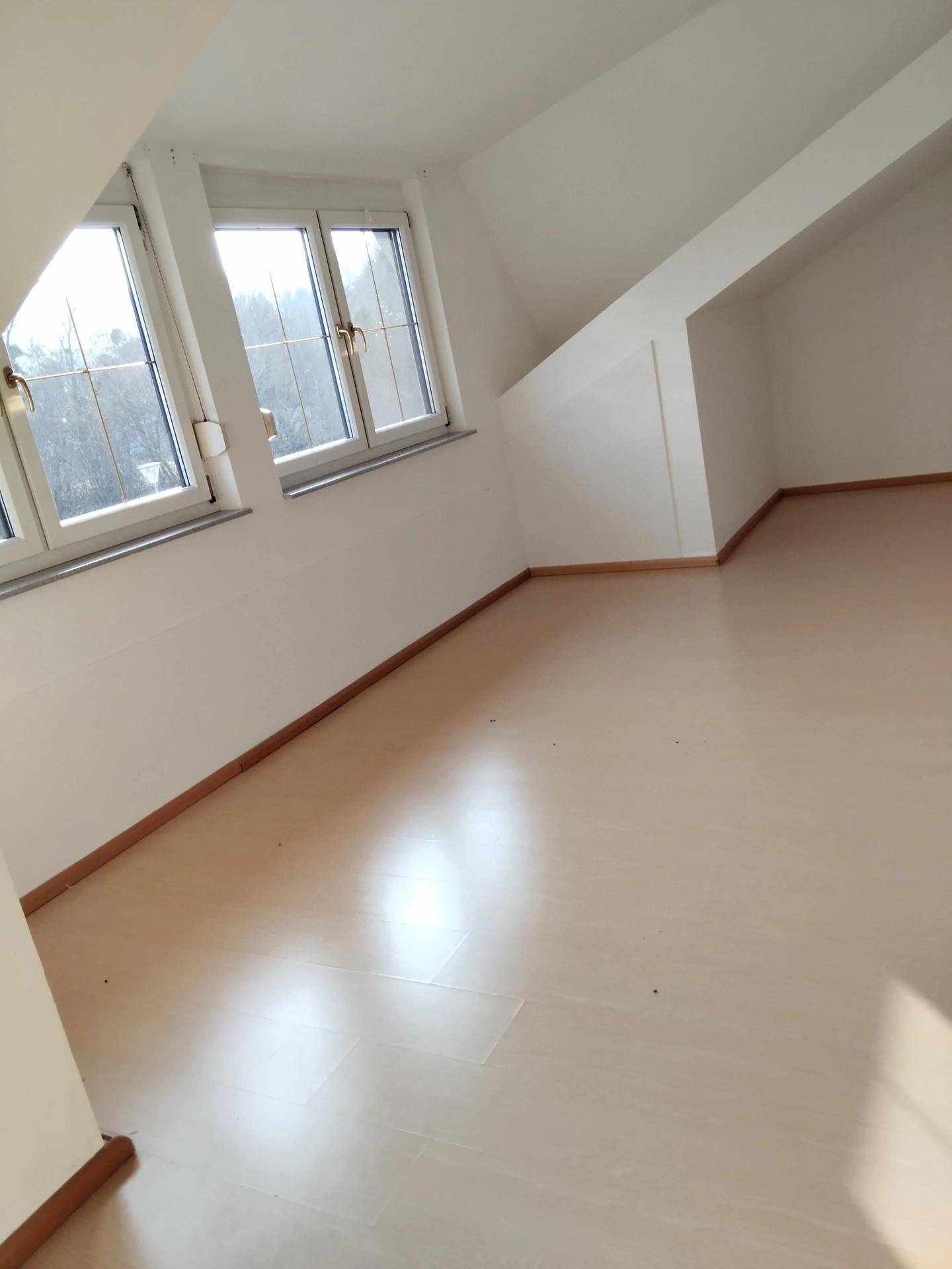 Heller Dachbodenraum mit schrägen Wänden, mehreren Fenstern und hellem Laminatboden.