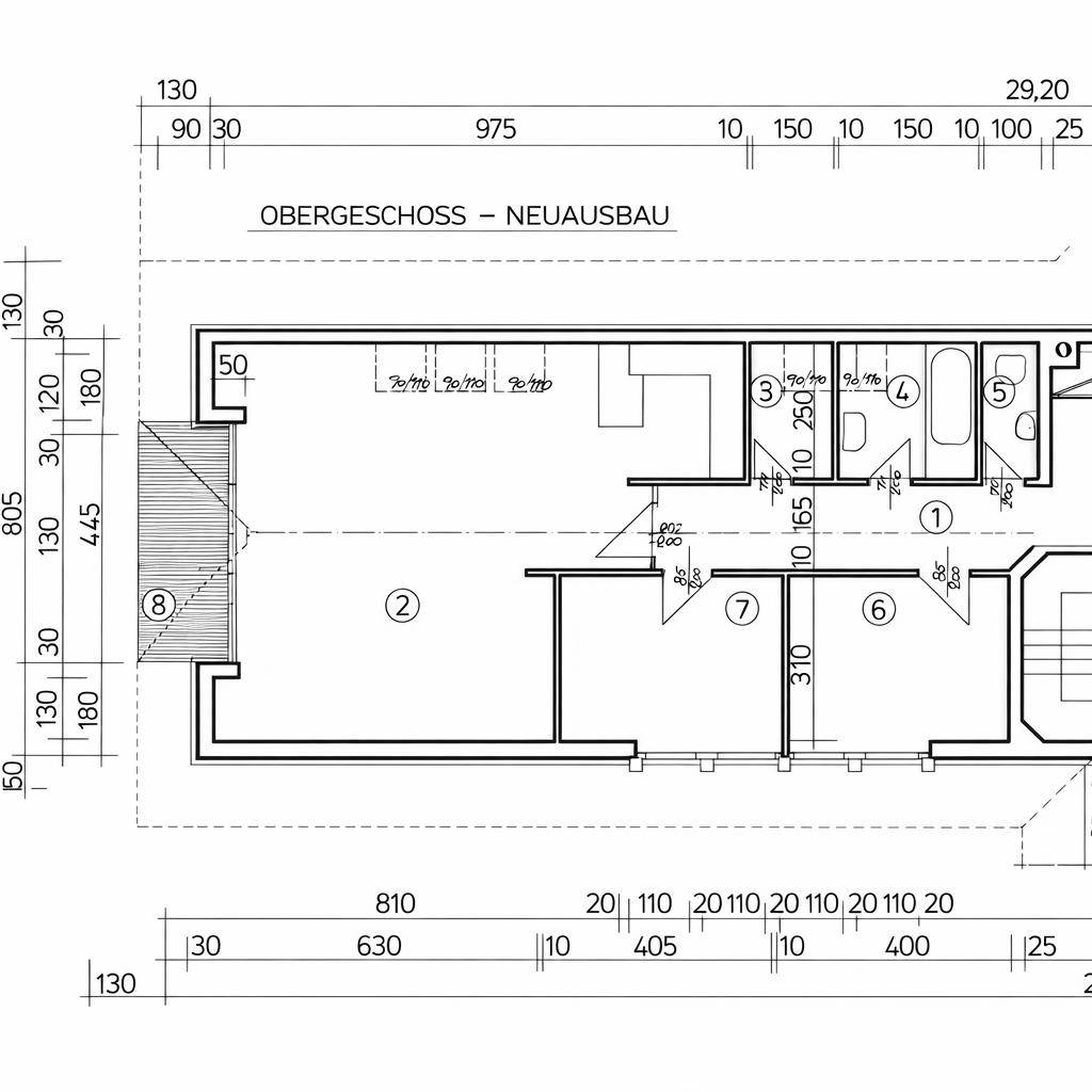 Grundriss des Obergeschosses mit mehreren Zimmern, Bad und Zugang zu einem Balkon.