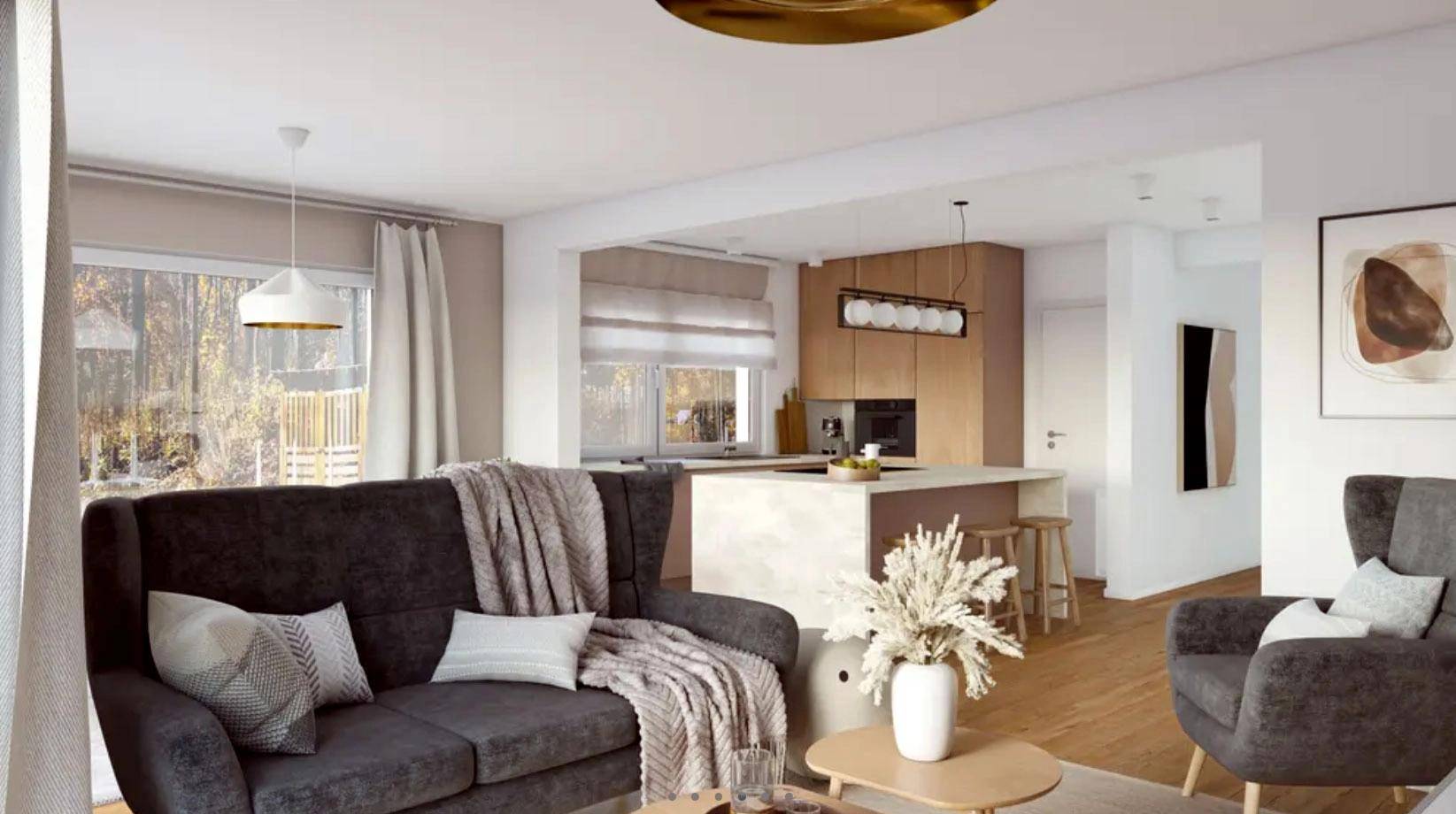 DAN-WOOD HAUS Point 124 Wohnzimmer-Küchenblick