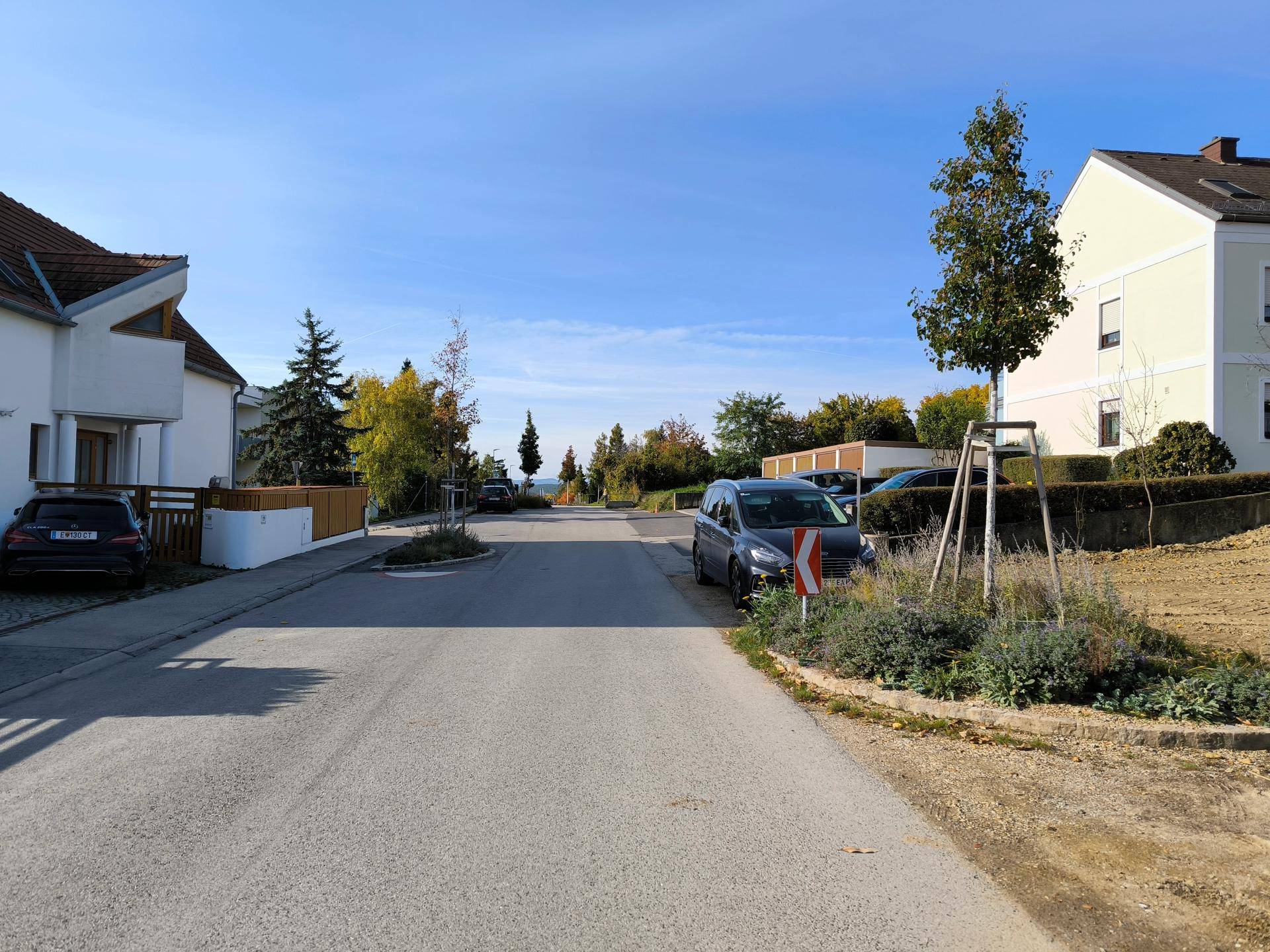 Wohnstraße mit Einfamilienhäusern, Bäumen und einem geparkten Fahrzeug unter blauem Himmel.