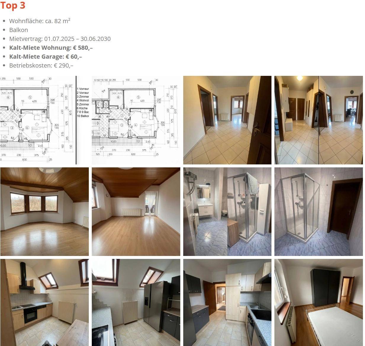 Collage mit Innenansichten der Wohnung, inklusive Flur, Schlafzimmer, Bad und Küche mit Geräten.