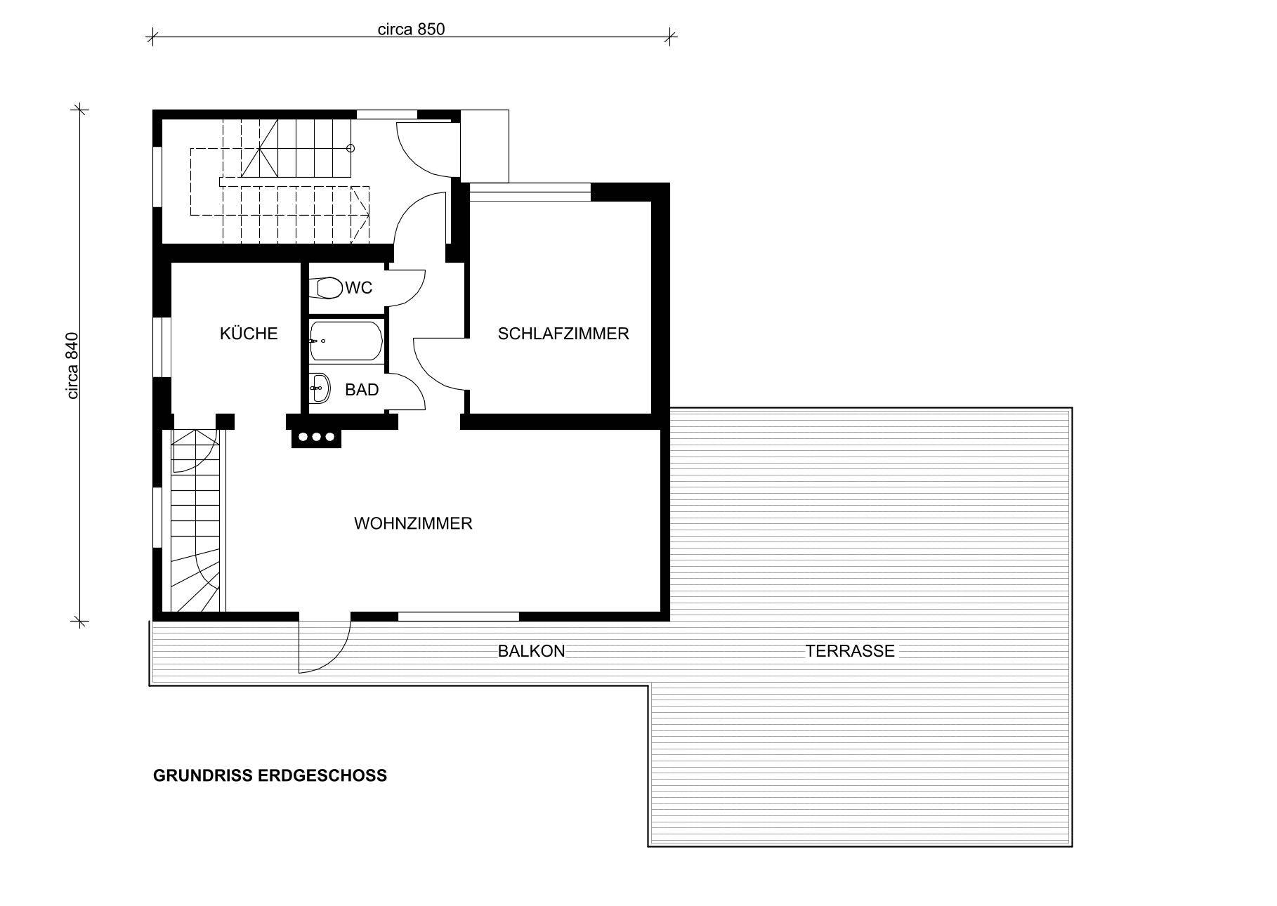 Grundriss des Erdgeschosses mit Wohnzimmer, Schlafzimmer, Küche, Bad, WC, Balkon und einer großen Terrasse.
