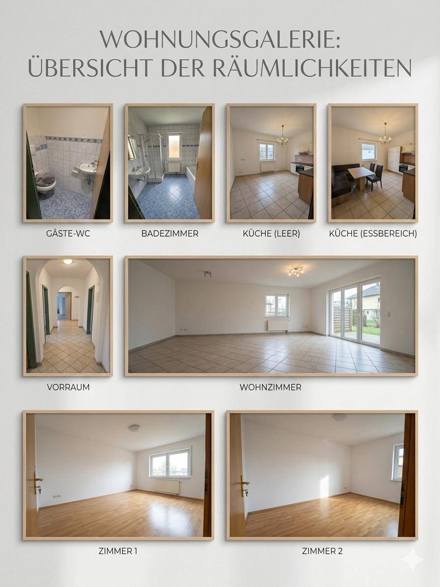 Übersichtsgalerie mit verschiedenen Innenräumen der Wohnung, darunter Gäste-WC, Badezimmer, Küche und Wohnzimmer.