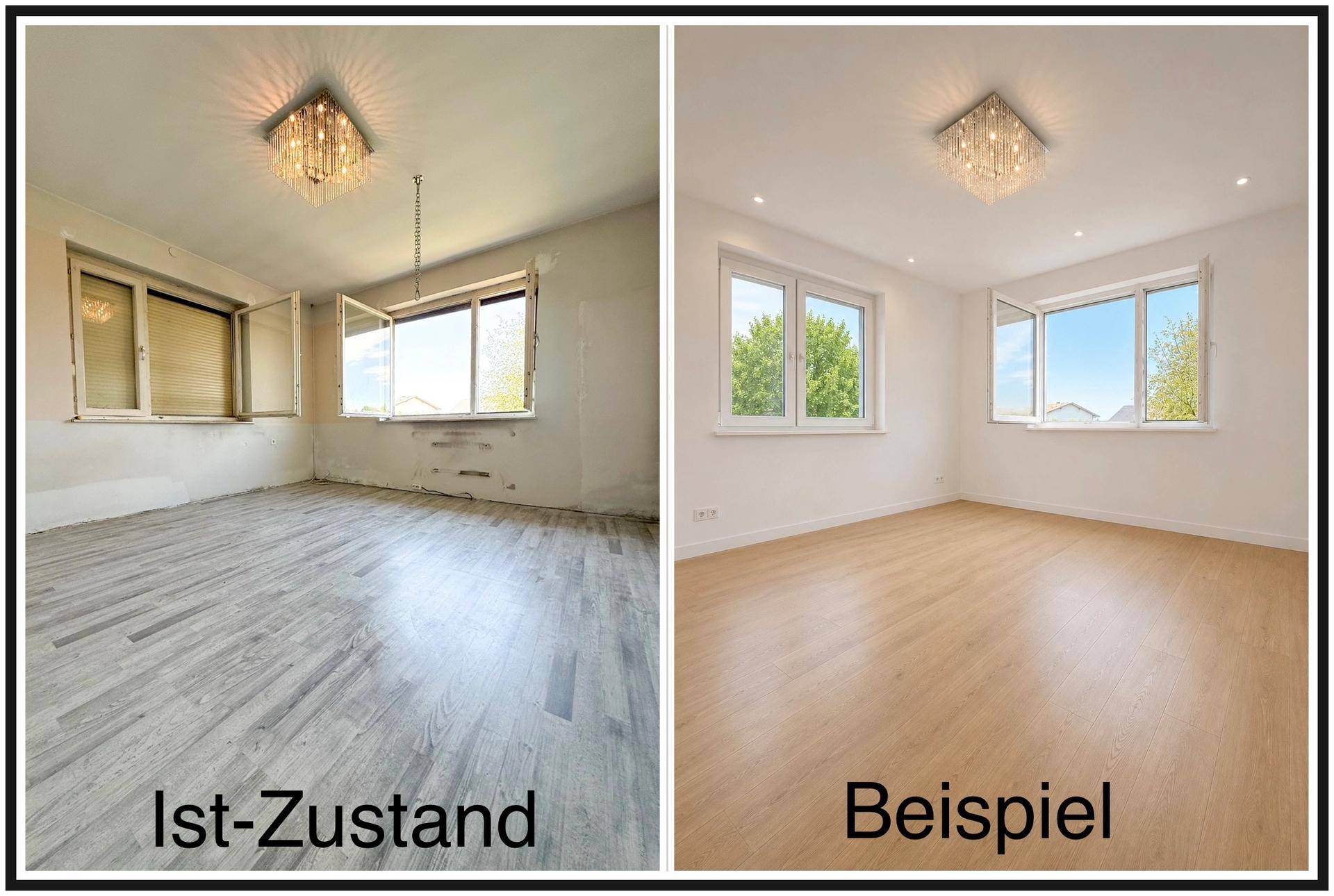 Collage zeigt den Ist-Zustand eines Zimmers mit Laminatboden und ein Beispiel nach Renovierung.