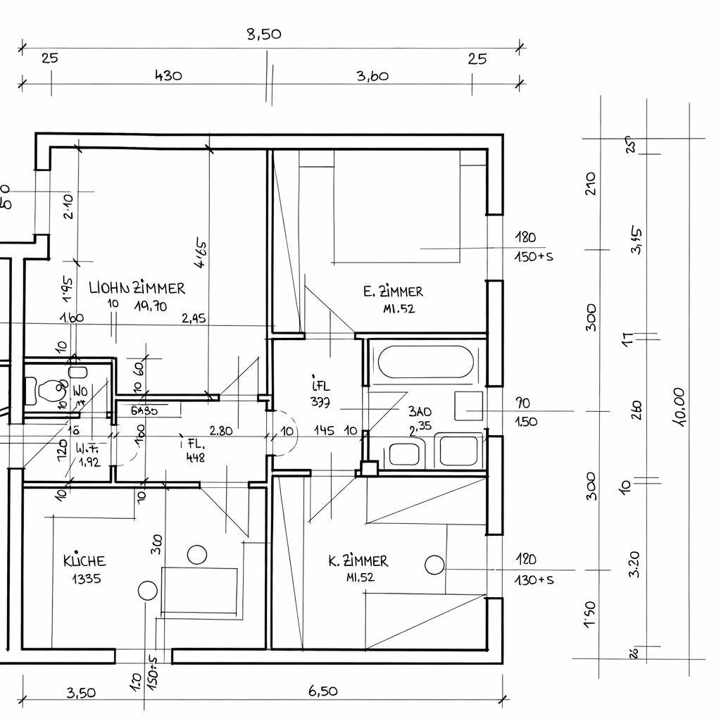 Grundriss einer Wohnung mit mehreren Zimmern, Bad und Küche, inklusive Maßangaben.