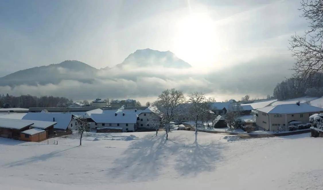 Winterliche Landschaft mit schneebedeckten Häusern und Bergen im Hintergrund unter bewölktem Himmel.