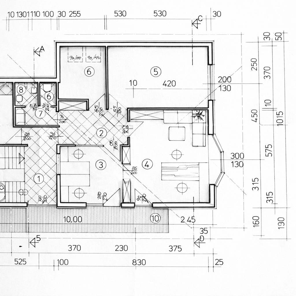 Detaillierter Grundriss einer Wohnung mit mehreren Räumen und einem Treppenhaus.