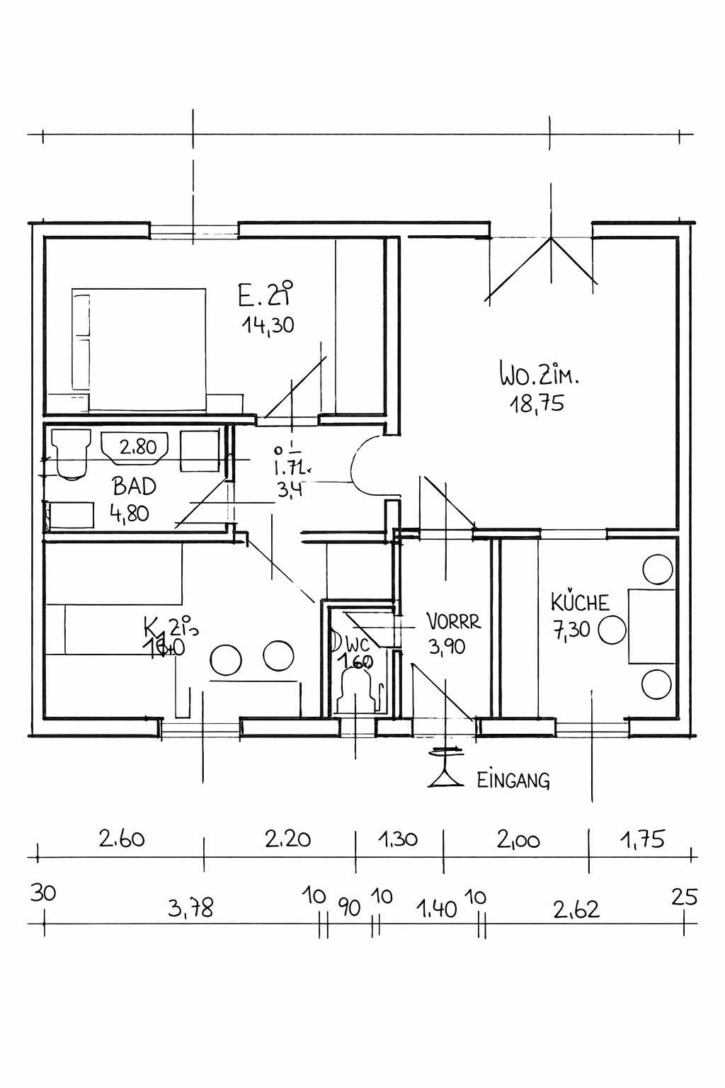 Detaillierter Grundriss einer Wohnung mit Wohnzimmer, Küche, Bad und Schlafzimmer.