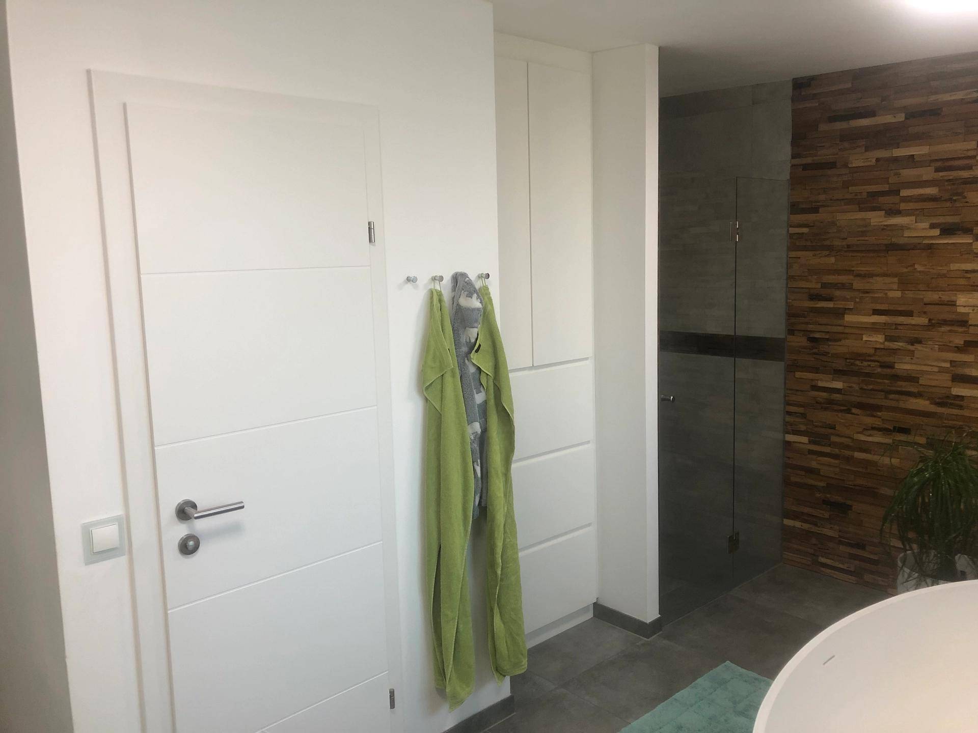 Badezimmer mit moderner Duschkabine, Holzwand und weißer Tür.