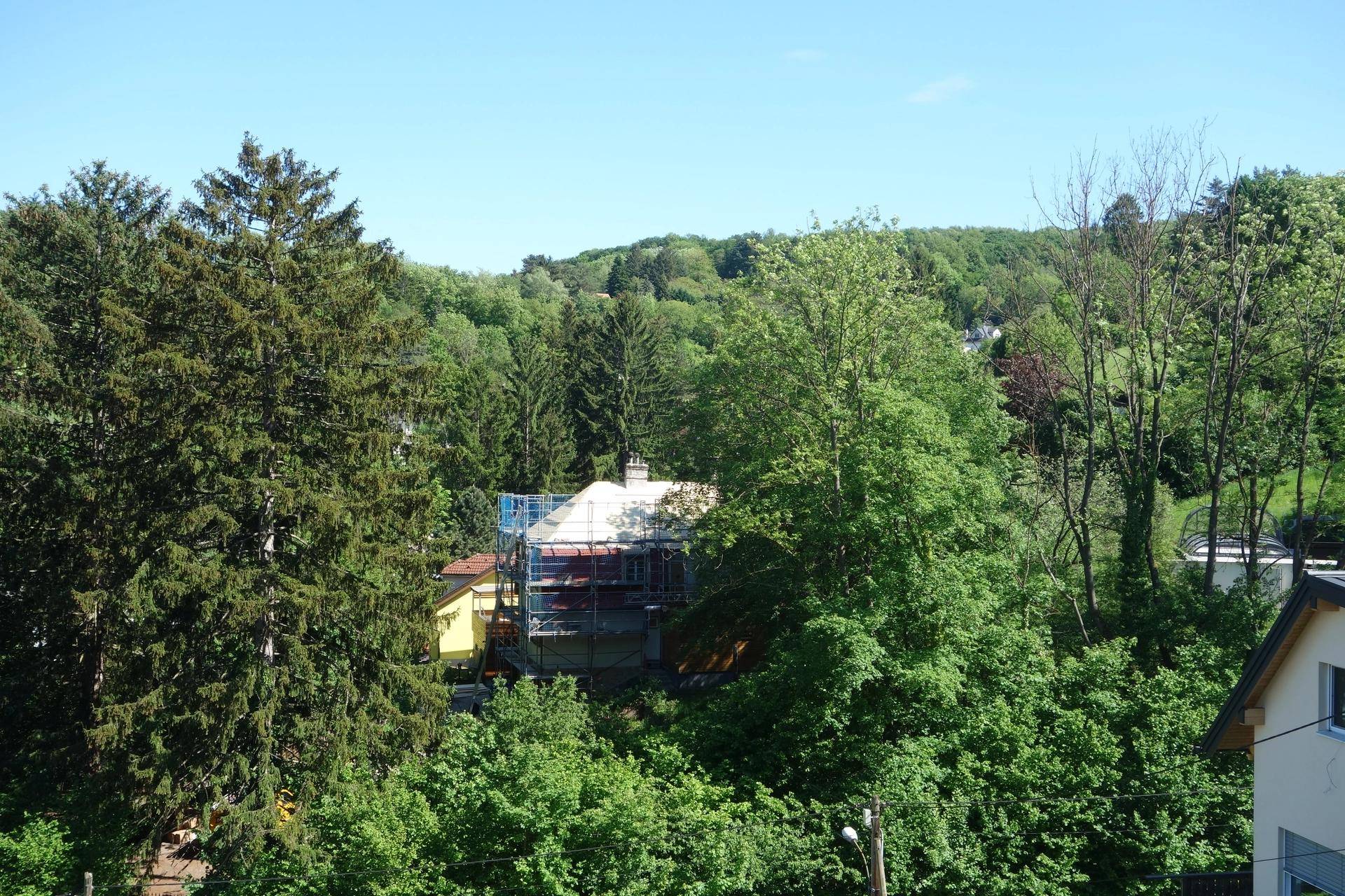Haus im Bau mit Gerüst, umgeben von dichtem Grün und Bäumen unter blauem Himmel.